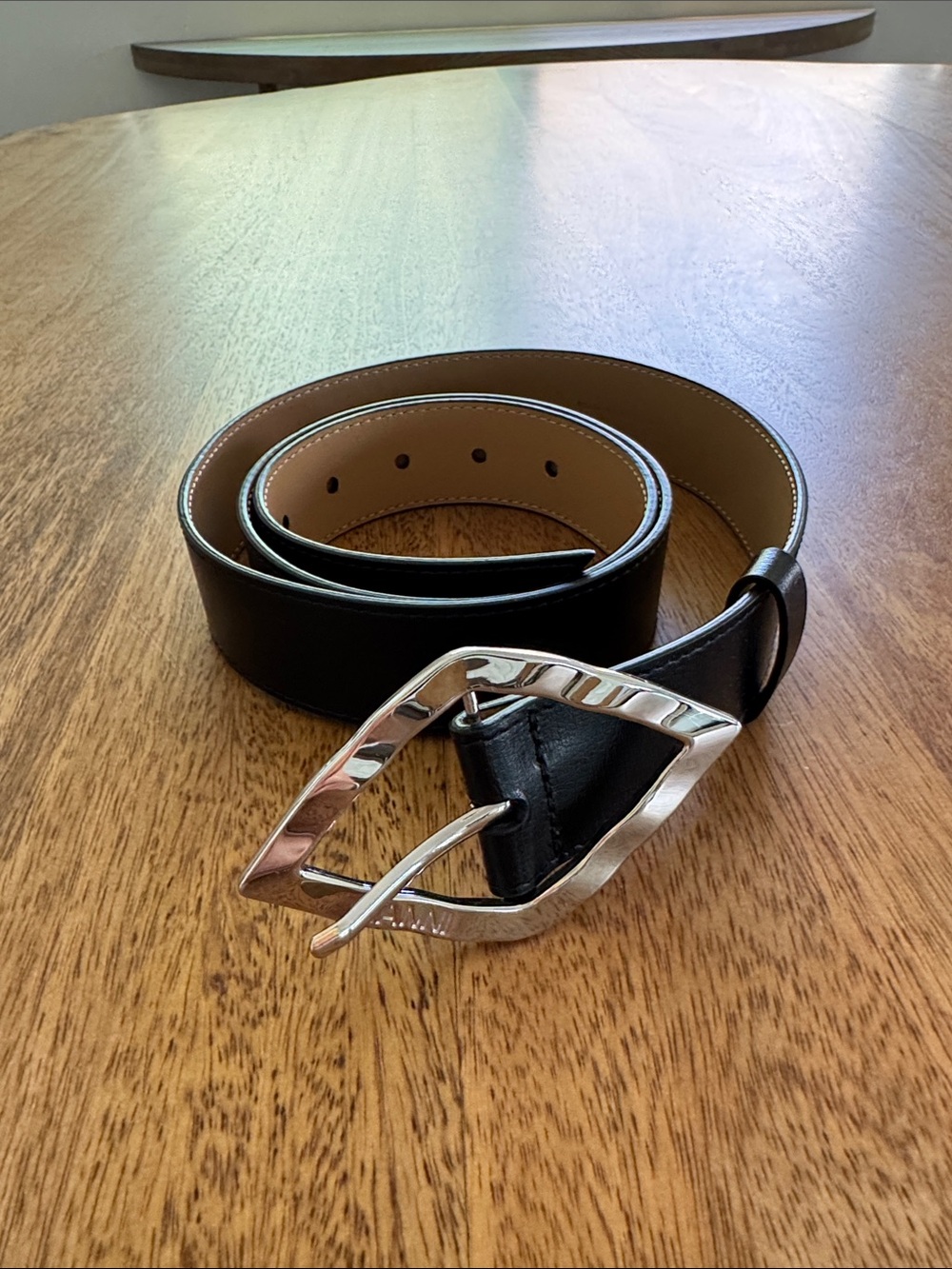 Ganni Black Leather Belt with Silver Geometric Buckle